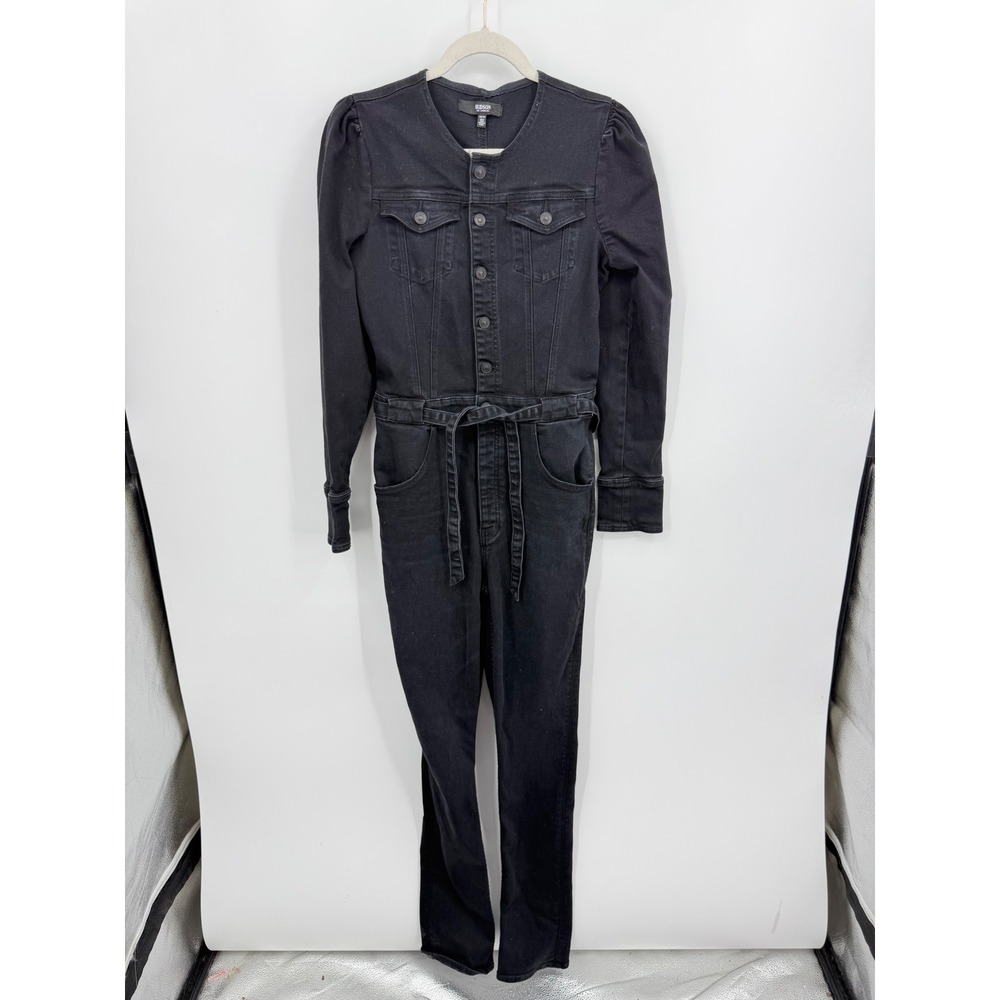 Hudson Puff Sleeve Denim Jumpsuit Womens‎ XS Black Button Front belted Tie Waist
